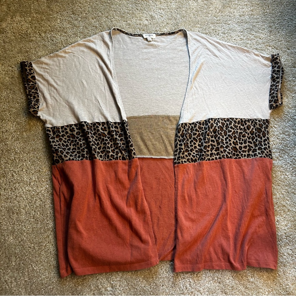 Umgee Colorblock Leopard Print Kimono Cardigan Cream Coral M/L